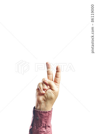 Hand of man showing fingers over isolated white background counting number 2 showing two fingers, gesturing victory Hand of man showing fingers over isolated white background counting number 2 showing two fingers, gesturing victory 86119000
