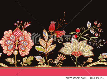 Seamless pattern with stylized ornamental flowers in retro, vintage style. Jacobin embroidery. 86119452