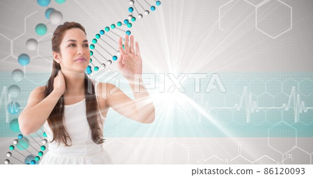 Caucasian woman touching invisible screen against heart rate monitor and copy space Caucasian woman touching invisible screen against heart rate monitor and copy space 86120093