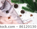 Cashmere scarf with fir branches and cones. Top view 86120130