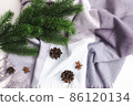 Cashmere scarf with fir branches and cones. Top view 86120134