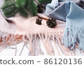 Pink and blue cashmere scarf with fir branches and cones. 86120136