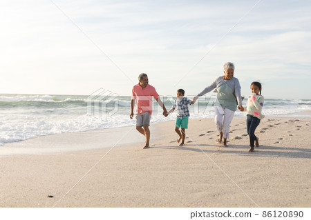 Multiracial grandchildren holding hands with grandparents walking at beach against sky Multiracial grandchildren holding hands with grandparents walking at beach against sky 86120890
