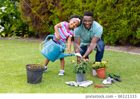 Portrait of smiling african american girl watering plants by father kneeling in garden 86121333