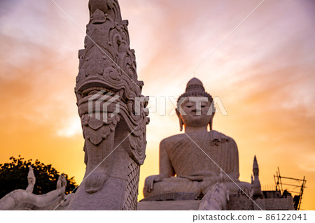 Aerial view of Big Buddha viewpoint at sunset in Phuket province, Thailand 86122041