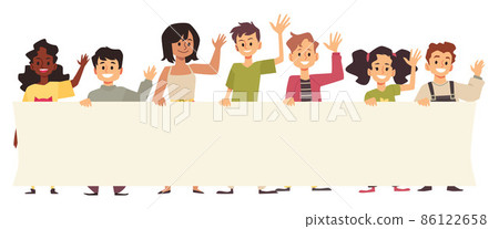 Kids hold blank banner or poster, waving hand, greeting gesture in flat vector 86122658
