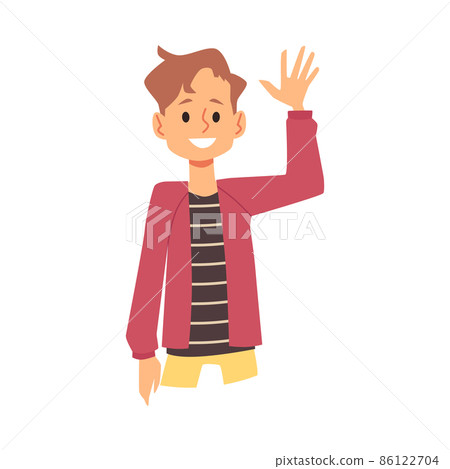 Kid waves to friend or family, cartoon student or schoolboy raised his hand 86122704