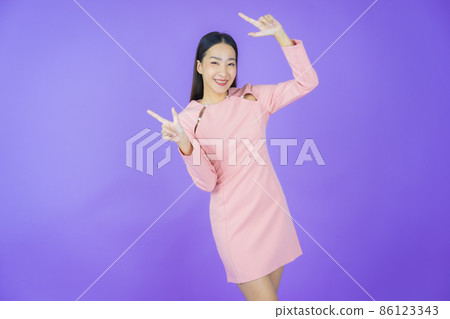 Portrait beautiful young asian woman smile with action Portrait beautiful young asian woman smile with action 86123343