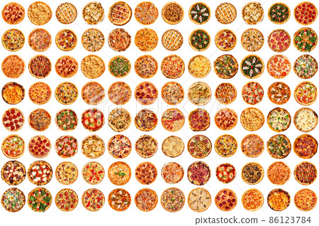Isolated assorted variety of pizza group collage Isolated assorted variety of pizza group collage 86123784
