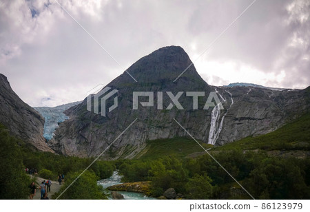 Panoramic view to Briksdal Glacier in Norway 86123979
