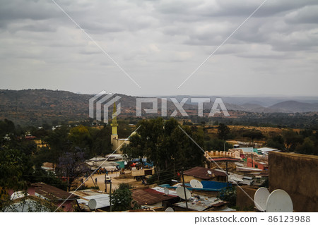 Aerial panorama view to old Harar city aka jugol Ethiopia Aerial panorama view to old Harar city aka jugol Ethiopia 86123988
