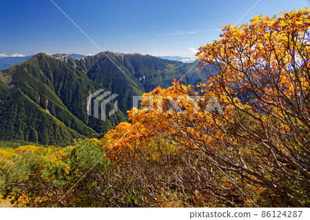 Autumn leaves and Phoenix Sanzan climbing to Mt. Kitadake in the Southern Alps Autumn leaves and Phoenix Sanzan climbing to Mt. Kitadake in the Southern Alps 86124287