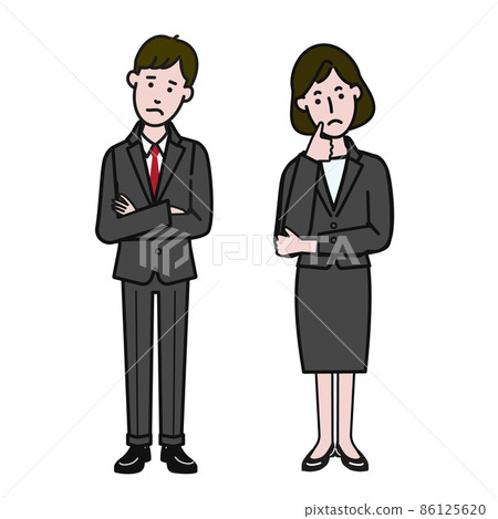 A simple illustration that can also be used for line drawing videos on a white background of a male and female couple wearing a young suit with a troubled face 86125620