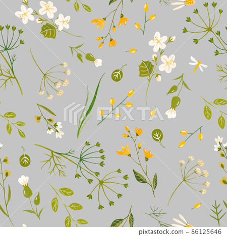 Beautiful floral seamless pattern with cute watercolor hand drawn wild flowers. Stock illustration. 86125646