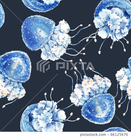 Beautiful seamless pattern with cute watercolor underwater sea life jellyfish. Stock illustration. 86125670