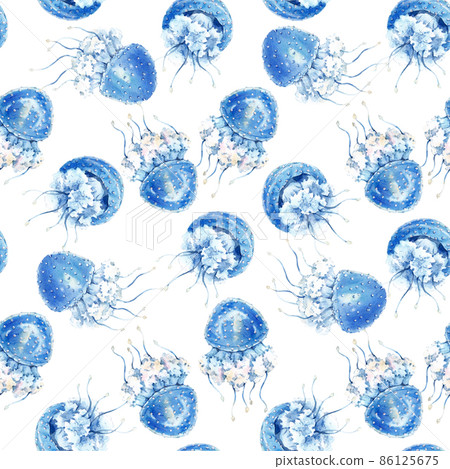 Beautiful seamless pattern with cute watercolor underwater sea life jellyfish. Stock illustration. 86125675