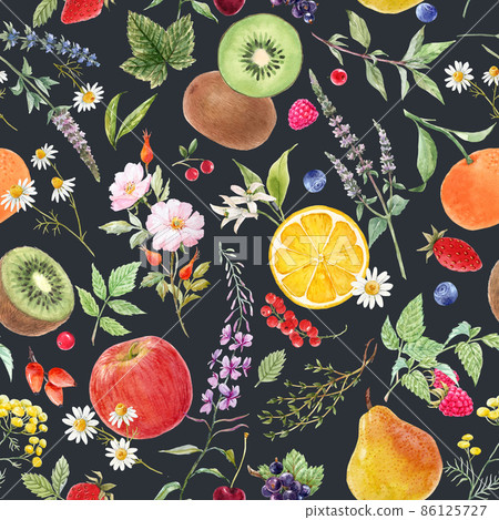 Beautiful seamless pattern with hand drawn watercolor tasty summer pear apple grape cherry plum fruits. Stock illustration. Beautiful seamless pattern with hand drawn watercolor tasty summer pear apple grape cherry plum fruits. Stock illustration. 86125727
