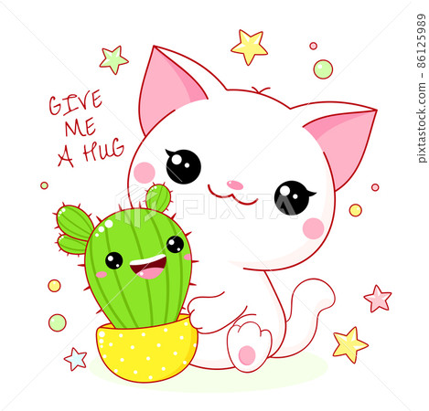 Lovely little white cat with cactus. Kitty and cactus in flower pot. Give me a hug 86125989