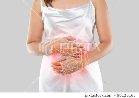 The photo of large intestine is on the woman's body 86126163