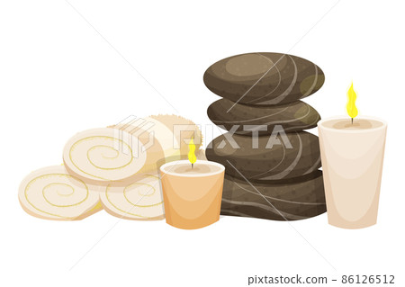 Rolled towels, spa stones tower and aroma candles in cartoon style isolated on white background. Relax, wellness concept. Rolled towels, spa stones tower and aroma candles in cartoon style isolated on white background. Relax, wellness concept. 86126512