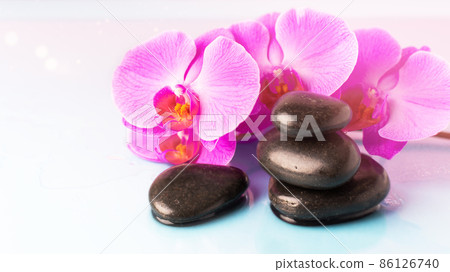 Orchid flower and black pebble spa stones over pink background. Beauty spa banner. 86126740