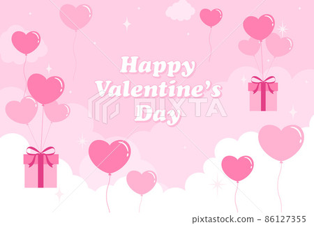 心形氣球和禮盒漂浮在天空中的情人節背景插圖 86127355