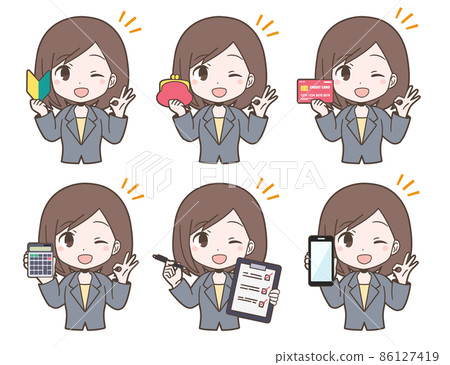 Facial expression set of a young woman in a business suit Facial expression set of a young woman in a business suit 86127419