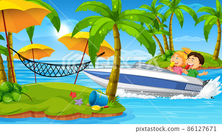 Ocean scenery with happy children on speedboat 86127671