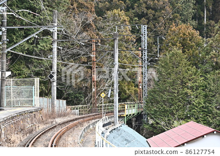 Tokyo Okutama Ome Line "Kori Station" platform and surrounding scenery Ome Line single track section Okutama Valley get off station, looking up 86127754