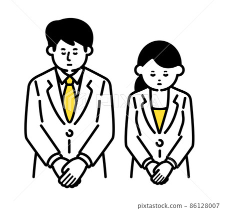 Men and women in lab coats with their heads down 86128007