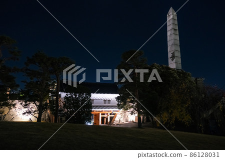 Kofu City, Yamanashi Prefecture Kofu Castle Ruins at Night Iron Gate and Thanksgiving Monument 86128031