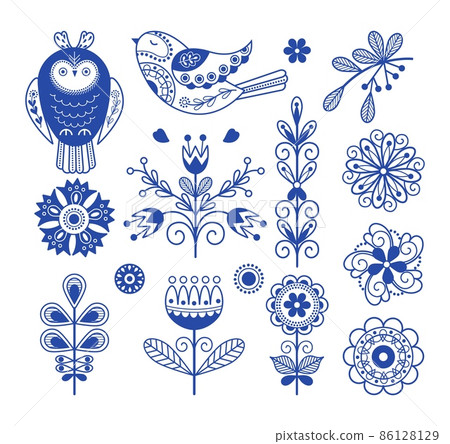 Scandinavian folk design. Nordic blue ornament elements, swedish folklore art. Rustic finnish decor, floral danish style embroidery nowaday vector template Scandinavian folk design. Nordic blue ornament elements, swedish folklore art. Rustic finnish decor, floral danish style embroidery nowaday vector template 86128129