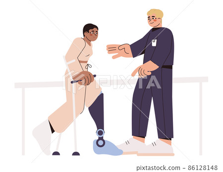 Physiotherapy doctor help patient to walk on prosthetic leg Physiotherapy doctor help patient to walk on prosthetic leg 86128148