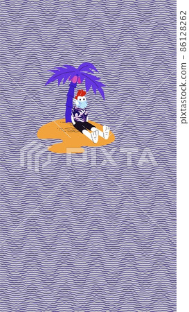 A lonely islander under a palm tree in a protective mask, shipwrecked on the island, cartoon, quarantine isolation concept 86128262