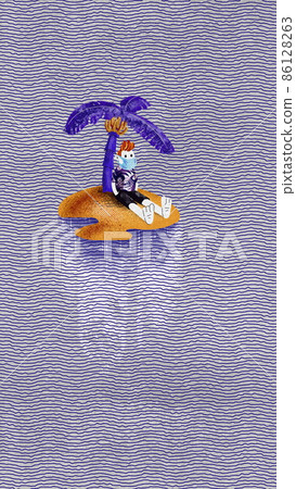 A lonely islander under a palm tree in a protective mask, shipwrecked on the island, cartoon, quarantine isolation concept 86128263
