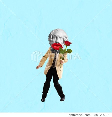 Senior man in suit headed by plaster statue head dancing isolated on blue background. Contemporary colorful and conceptual bright art collage Senior man in suit headed by plaster statue head dancing isolated on blue background. Contemporary colorful and conceptual bright art collage 86129228
