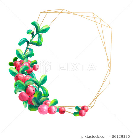 Ripe berry cowberry on white background is isolated. Gold geometric frame. Watercolor illustration. Ripe berry cowberry on white background is isolated. Gold geometric frame. Watercolor illustration. 86129350