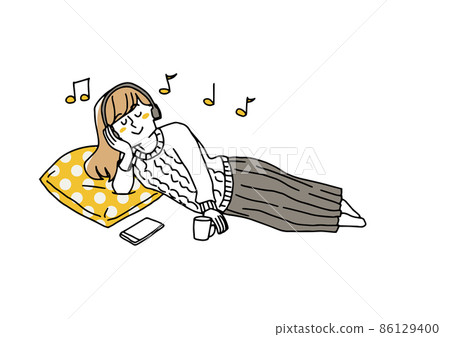 A female who lays down and enjoys music, a comical handwritten person, a vector, and simple coloring of line drawings. 86129400