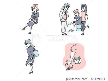 A set of women with high heels and pain in their legs. Comical handwritten figures Vectors, simple coloring of line drawings. A set of women with high heels and pain in their legs. Comical handwritten figures Vectors, simple coloring of line drawings. 86129411