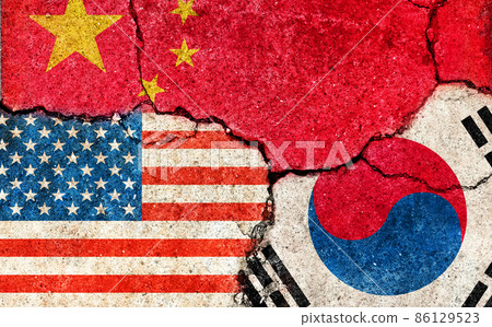 Image of international conflict and political conflict between nations / 3 countries (US, China and South Korea) 86129523