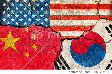Image of international conflict and political conflict between nations / 3 countries (US, China and South Korea) 86129527