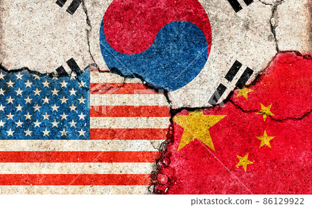 Image of international conflict and political conflict between nations / 3 countries (US, China and South Korea) 86129922