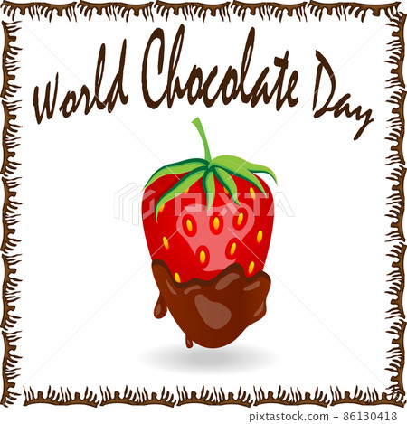 World Chocolate Day. A poster with an inscription and a strawberry in chocolate. Red berry strawberry dipped in melting dark chocolate, fruit, fondue recipe, valentine concept, transparent World Chocolate Day. A poster with an inscription and a strawberry in chocolate. Red berry strawberry dipped in melting dark chocolate, fruit, fondue recipe, valentine concept, transparent 86130418