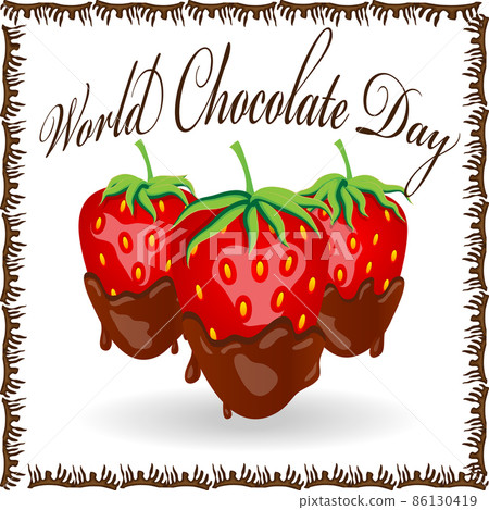 World Chocolate Day. A poster with an inscription and a strawberry in chocolate. Red berry strawberry dipped in melting dark chocolate, fruit, fondue recipe, valentine concept, transparent World Chocolate Day. A poster with an inscription and a strawberry in chocolate. Red berry strawberry dipped in melting dark chocolate, fruit, fondue recipe, valentine concept, transparent 86130419