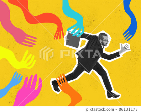 Scared young man, business man running away from giant drawn colored creeping arms. Contemporary art collage. Concept of manipulation or addiction Scared young man, business man running away from giant drawn colored creeping arms. Contemporary art collage. Concept of manipulation or addiction 86131175