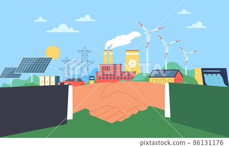 Joining efforts to improve environment. Green production agreement, ethical business conduct, factory and government handshake. eco and bio technologies vector ecological concept 86131176