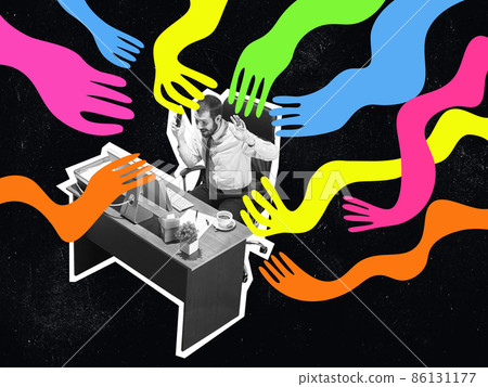 Excited young man, businessman sitting at work among giant drawn colored creeping arms. Contemporary art collage. Excited young man, businessman sitting at work among giant drawn colored creeping arms. Contemporary art collage. 86131177