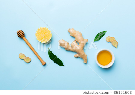 Natural cold and flu home remedies. Natural ingredients for immunity stimulation and viruses protection. top view flat lay 86131608