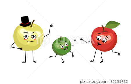 Family of apple characters with happy emotions, smile face, happy eyes, arms and legs. Mom is happy, dad is wearing hat and child is dancing. Vector flat illustration Family of apple characters with happy emotions, smile face, happy eyes, arms and legs. Mom is happy, dad is wearing hat and child is dancing. Vector flat illustration 86131782
