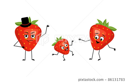 Family of strawberry characters with happy emotions, smile face, happy eyes, arms and legs. Mom is happy, dad is wearing hat and child is dancing. Vector flat illustration 86131783
